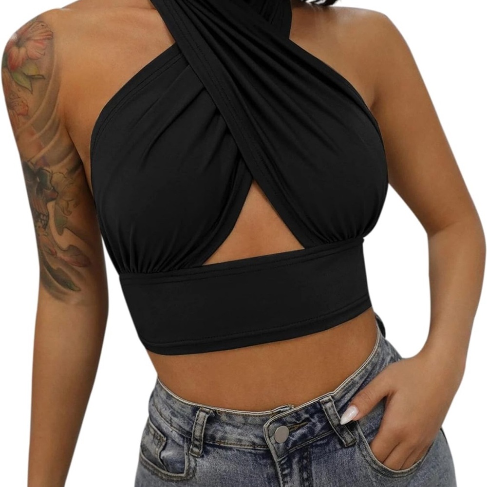 Amazon Black Cross-Front Crop Top